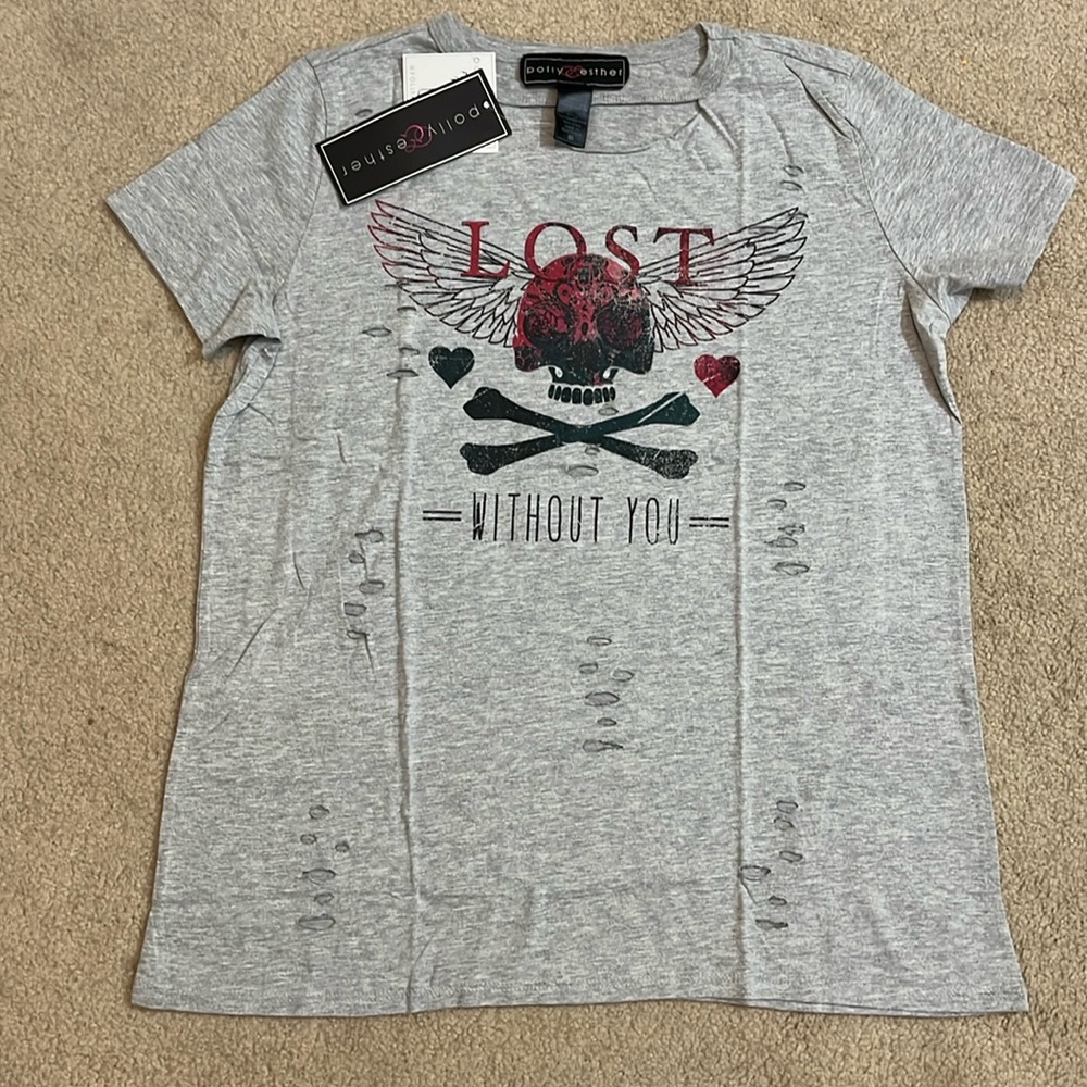 NWT Polly & Esther Gray Tee, "Lost without you", distressed/holes, size medium
